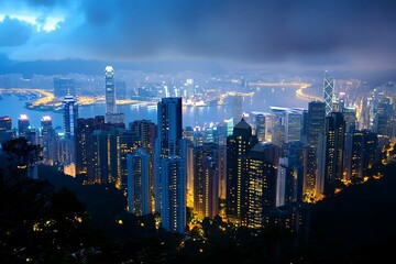 Obraz premium Aerial Night View of City Skyline with Fog and Lights
