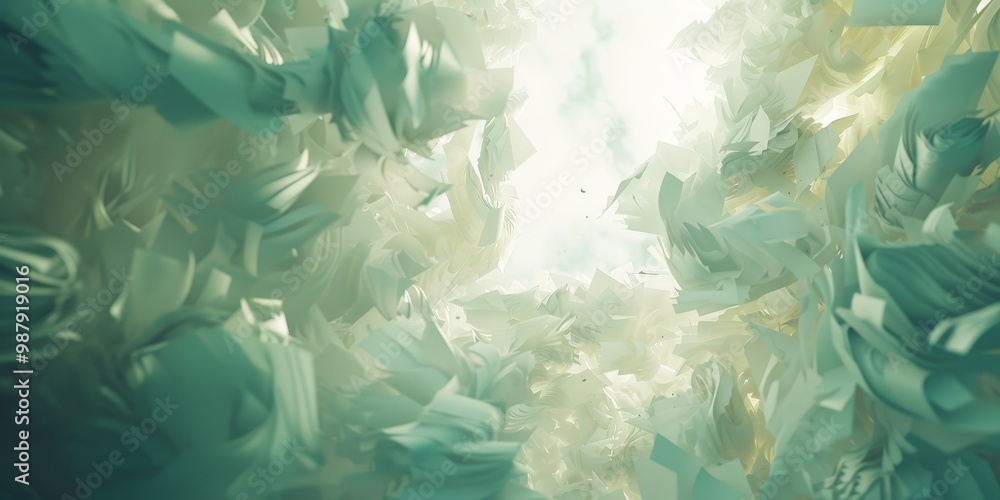 Aufkleber Abstract paper shapes floating in a bright, ethereal space, illuminated with soft light, creating a sense of dynamic, airy movement and artistic design.