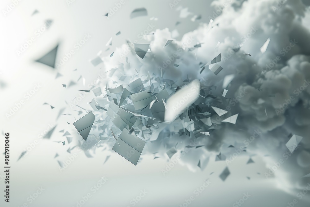 Poster A cloud of paper fragments explodes in a dynamic, minimalistic design, capturing a sense of creativity and modern abstract art in a surreal space.