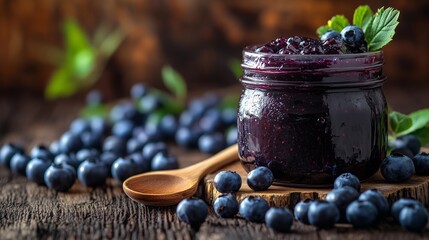 Jar of vibrant blueberry jam with fresh blueberries on a rustic wooden table. - Powered by Adobe