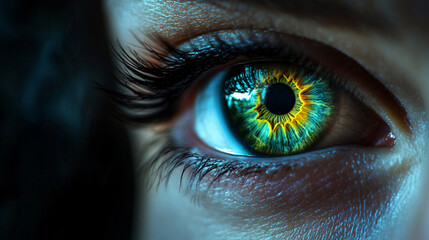 Eyes. Human eyes as portals to different eras. Dark background. Time travel and vision. Ethical implications of temporal perception. 