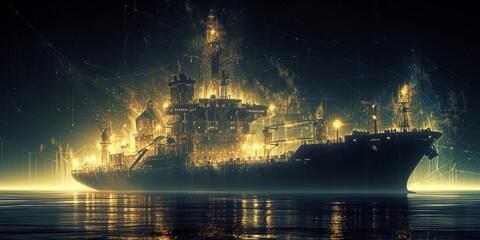 Glowing digital ship in a futuristic style, combining maritime themes with advanced technology and abstract visual elements in a captivating marine scene.