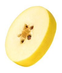 Fresh ripe yellow Quince fruit  falling in the air isolated on white background. Food levitation or...