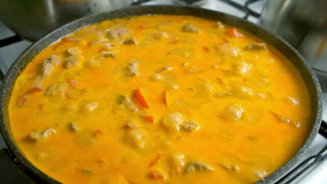 Cooking boiling meat pork goulash with vegetables in creamy sauce in frying pan on kitchen. Culinary techniques, homemade preparing healthy meal, cook domestic food meat dish, cuisine, seasoning.