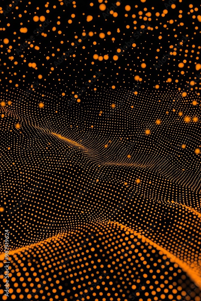 Poster captivating display unfolds as vibrant orange dots form wave-like patterns on a black canvas, sugges