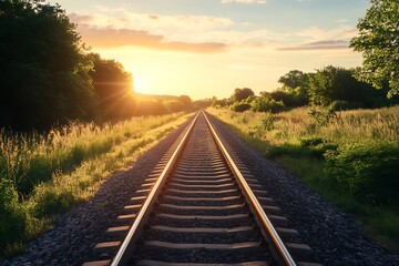 Fototapeta premium Straight Railroad Tracks Leading to a Golden Sunset with Green Foliage