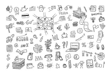 Set of business elements. Doodle style. Hand drawn vector illustration EPS10. Great for banner, posters, cards, stickers and professional design. Hand drawn 