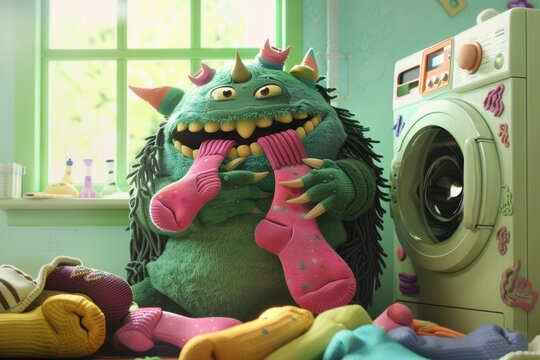Funny monster surrounded by colorful socks in a laundry mess, creating a playful and chaotic scene with lots of character and humor.