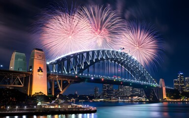 Obraz premium Fireworks explode over a bridge at night, illuminating the cityscape.