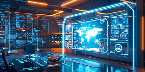 Futuristic Control Room with Digital Interface" , "Cybersecurity Command Center with Data Display