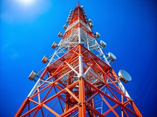 Tall Radio Tower Against a Clear Blue Sky, Symbolizing Communication and Connectivity in Technology