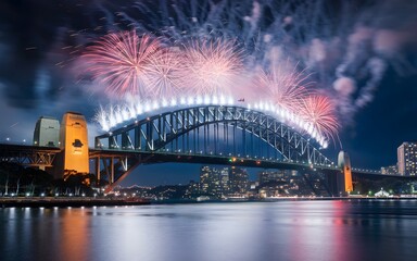 Obraz premium Fireworks explode over the Sydney Harbour Bridge, creating a dazzling display of color and light against the night sky.