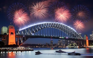 Obraz premium Fireworks explode over a bridge at night, illuminating the cityscape.