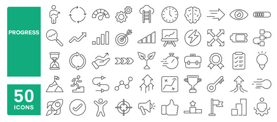 Set of 50 line icons related to progress, efficiency, growth, increase, develop, arrow, success, profit, achievement, productivity, climb, grow, Editable stroke. Vector illustration