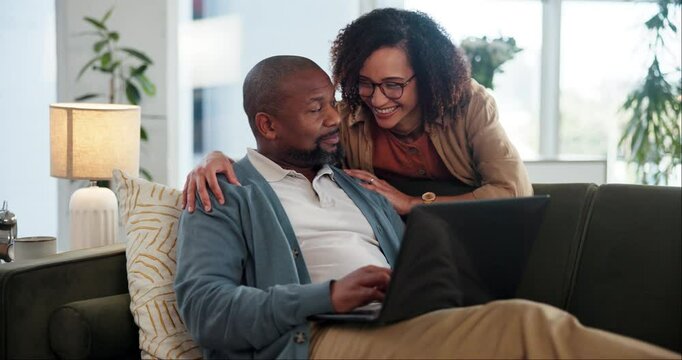 Mature, couple and laptop with hug on sofa for support, remote work and romance in living room. Love, people and happy on couch with typing email, embrace and commitment in marriage in apartment