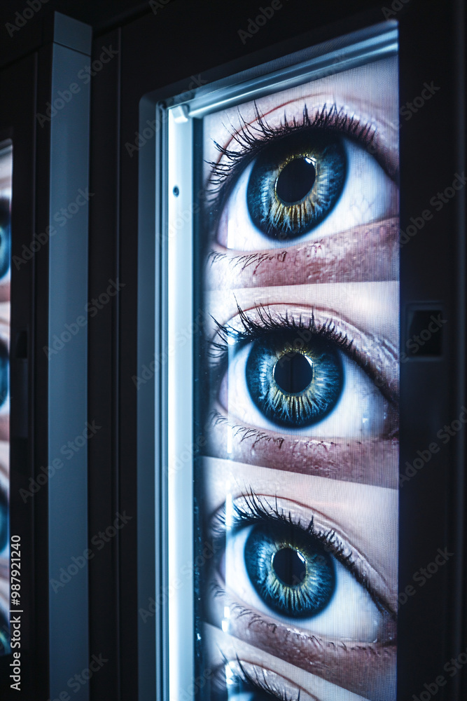 Poster eyes. human eyes displayed in a high-tech vending machine. isolated dim background. vision enhanceme