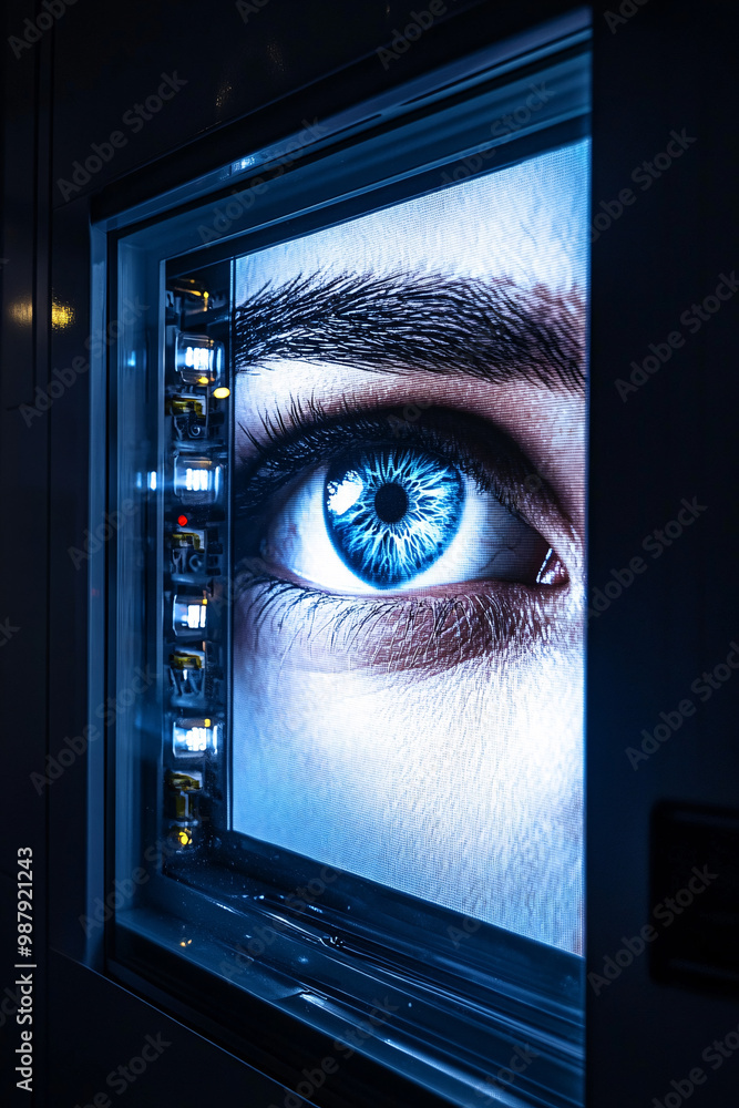 Poster eyes. human eyes displayed in a high-tech vending machine. isolated dim background. vision enhanceme