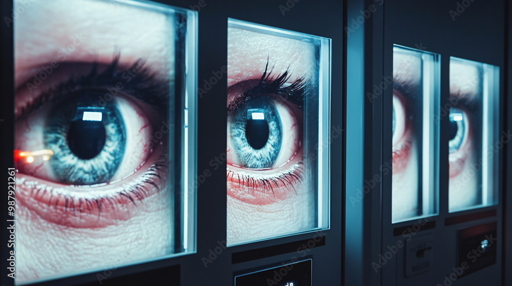 Poster eyes. human eyes displayed in a high-tech vending machine. isolated dim background. vision enhanceme