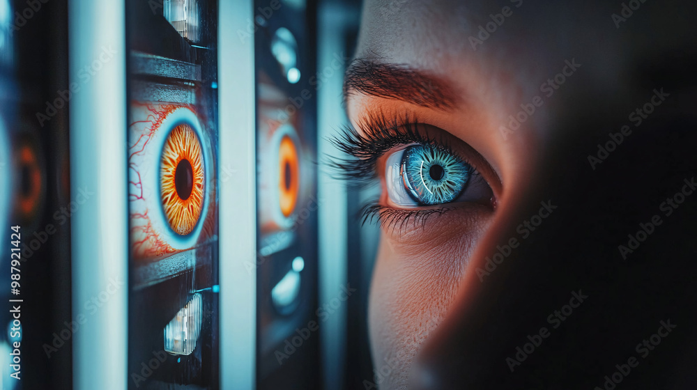 Poster eyes. human eyes displayed in a high-tech vending machine. isolated dim background. vision enhanceme