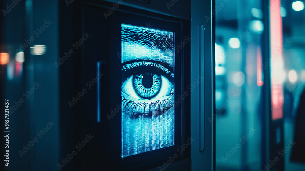 Poster eyes. human eyes displayed in a high-tech vending machine. isolated dim background. vision enhanceme