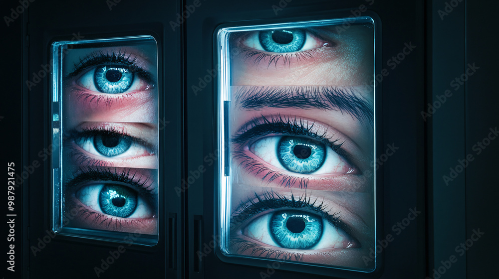 Poster eyes. human eyes displayed in a high-tech vending machine. isolated dim background. vision enhanceme