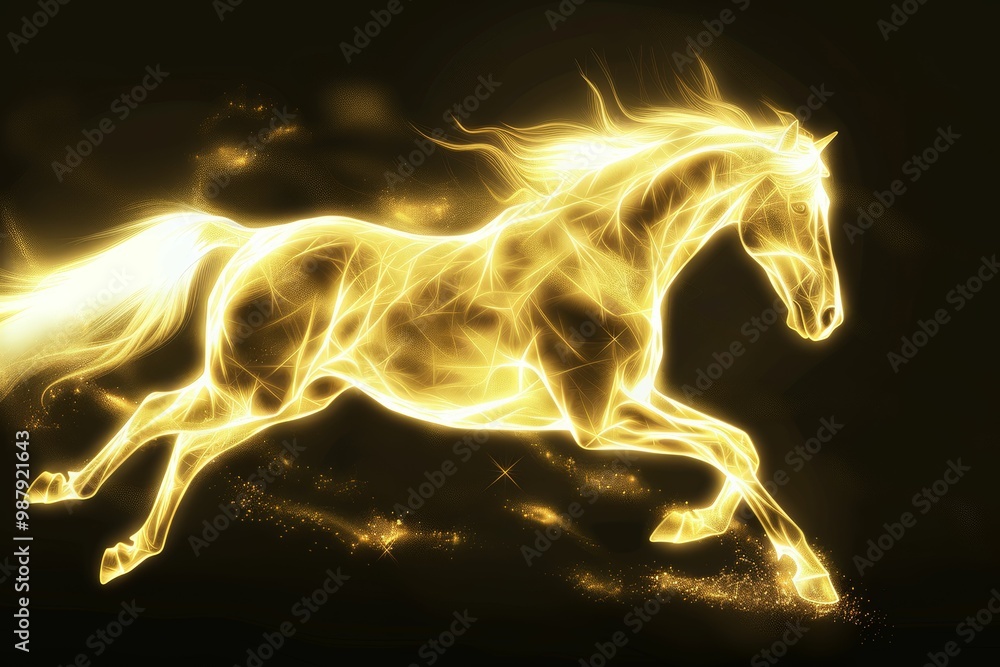Poster horse depicted with luminous light lines in motion, illustrating speed, energy, and dynamic movement
