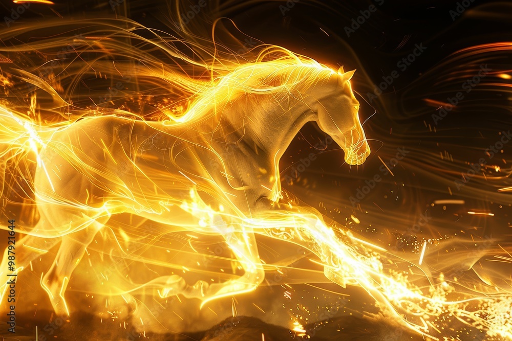 Poster horse depicted with luminous light lines in motion, illustrating speed, energy, and dynamic movement