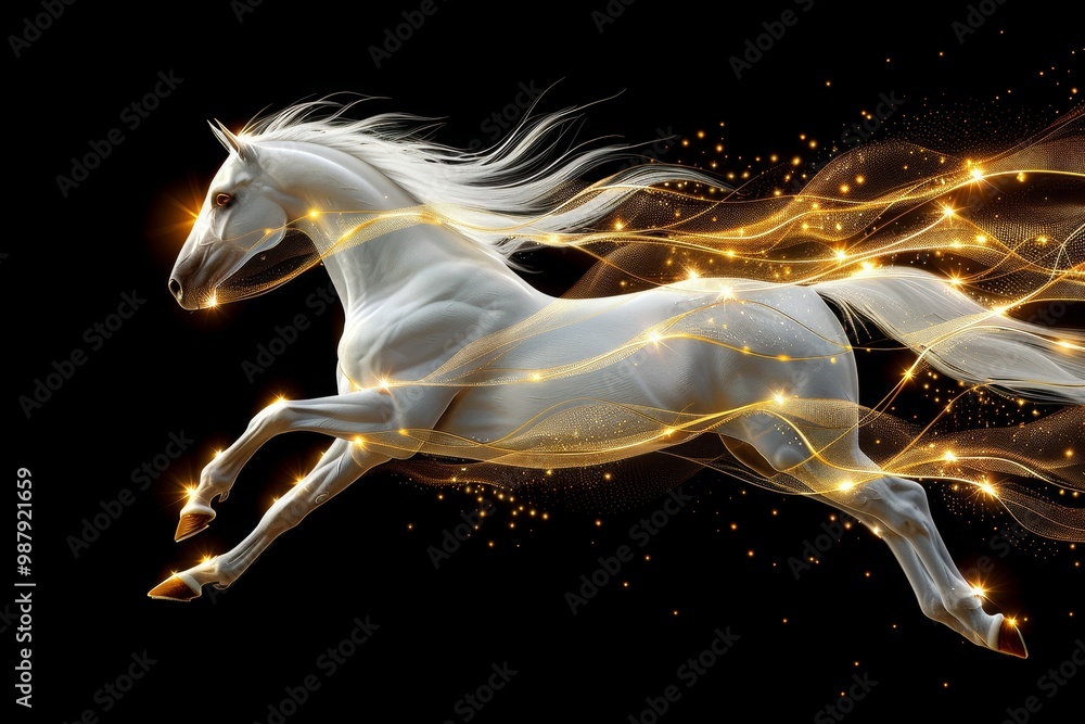 Poster horse depicted with luminous light lines in motion, illustrating speed, energy, and dynamic movement