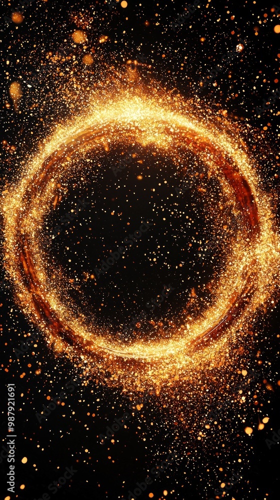 Poster mesmerizing vortex of orange particles glows intensely from the center, swirling energetically in a 