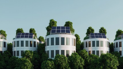 Obraz premium Modern eco-friendly homes with solar panels atop, surrounded by lush greenery, showcasing sustainable living in harmony with nature.