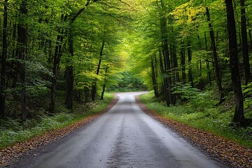 Empty dirt road through a green forest with sunlight coming through the trees. Concept of travel, adventure, and nature