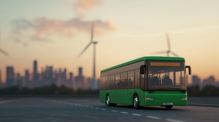 A green bus parked in a scenic urban area with wind turbines and a city skyline in the background, showcasing sustainable transportation.