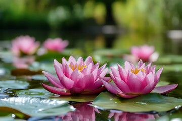 Obraz premium Pink water lily flowers blooming in a pond with green lily pads
