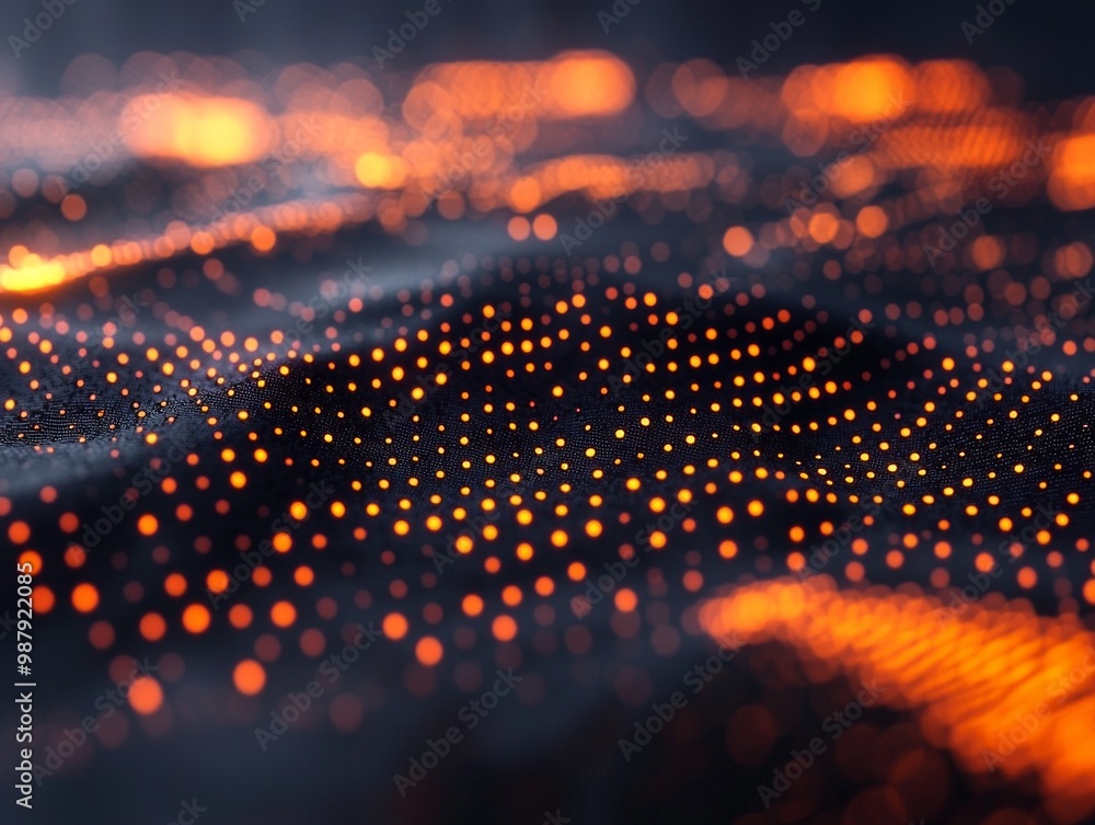 Poster small orange dots glimmer and fluctuate in intensity against a dark backdrop, creating a mesmerizing