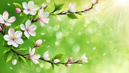 Fototapeta premium A vibrant illustration of blooming flowers and leaves against a soft, green background.