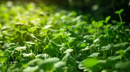 Obraz premium Close-up of densely growing young shoots of microgreens. Green leaves in bright sunlight create a feeling of freshness and vitality.
