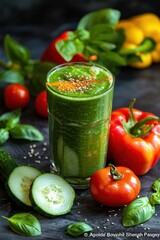 Fresh green smoothie with vegetables at a kitchen counter