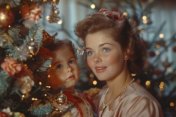 Heartwarming Mother Child Hug by a Festive Christmas tree with Bauble Celebrating Holiday Love and Togetherness