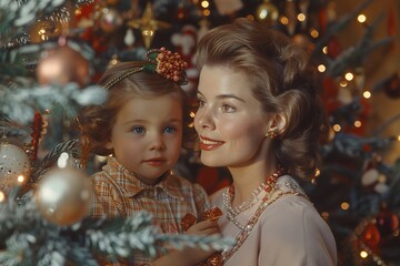 Heartwarming Mother Child Hug by a Festive Christmas tree with Bauble Celebrating Holiday Love and Togetherness