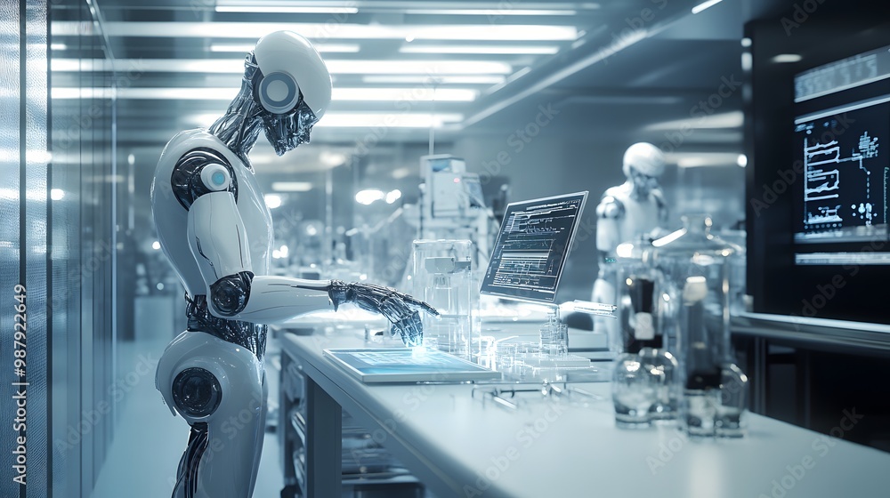 Poster a humanoid robot in a laboratory setting working with a digital display.