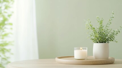 Tranquil Still Life: A Serene Candle and Lush Green Plant Gracefully Arranged on a Wooden Table, Evoking Calmness and Natural Beauty in a Cozy Space