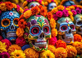 Vibrant Day of the Dead Halloween Decorations with Colorful Skulls and Traditional Marigold Flowers