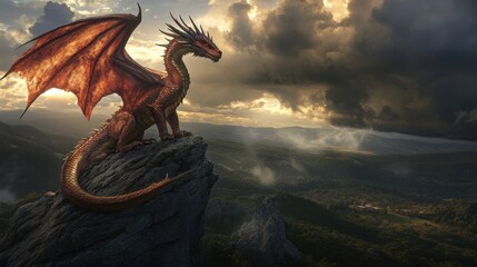 Majestic dragon sits atop a mountain, towering over the vast landscape below with dramatic clouds overhead. The scales of its wings shimmer in the sun, and it glows red and gold under the twilight sky