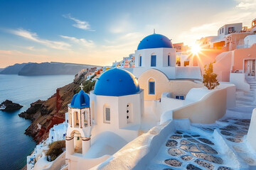 Santorini Greece skyline at sunset. Beautiful travel photo in the Mediterranean. Blue domed buildings with white stone
