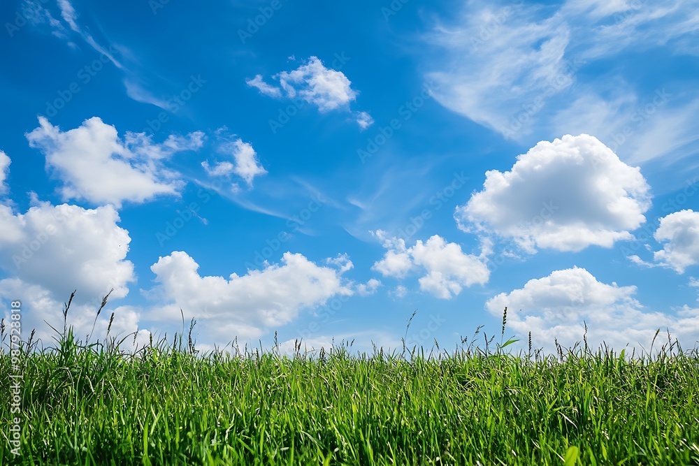 Poster Blue Sky With Fluffy White Clouds and Green Grass