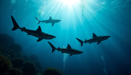 Fototapeta premium Silhouettes of blue sharks glide gracefully beneath the shimmering ocean surface.