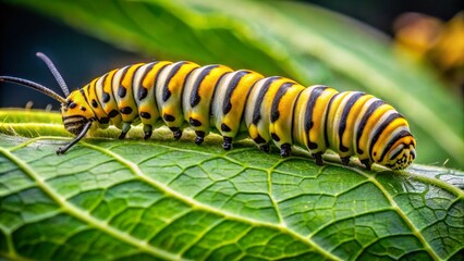 Vibrant Yellow Caterpillar with Black Stripes Crawling on Green Leaf in Natural Habitat