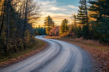 Fototapeta premium Scenic winding gravel road in a forest with a sunset in the background