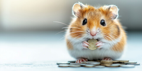 Hamster holding coin surrounded by stack of coins, expressing financial humor, budgeting, savings,...