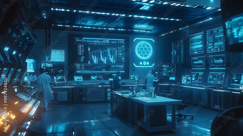 Poster futuristic control room with scientists monitoring data displays